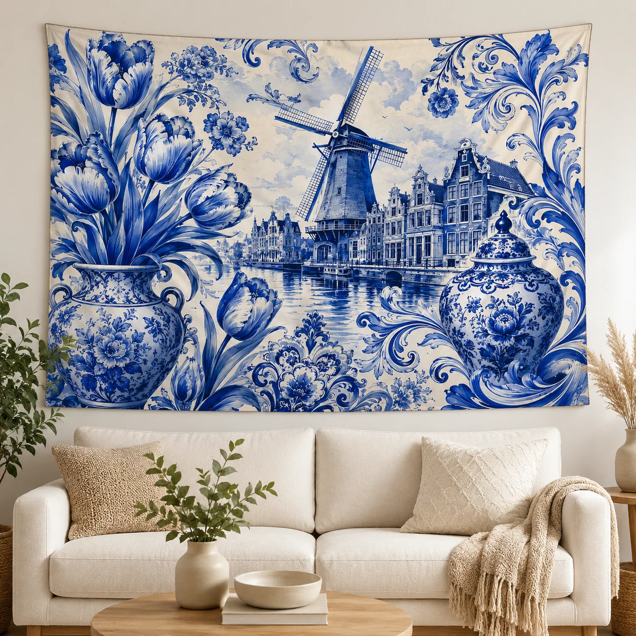 Delft Blue Tapestry Dutch Windmill Tulip Landscape Wall Hanging, Vintage Farmhouse Decor, Lovely Housewarming Gift
Delft Blue Tapestry Dutch Windmill Tulip Landscape Wall Hanging, Vintage Farmhouse Decor, Lovely Housewarming Gift