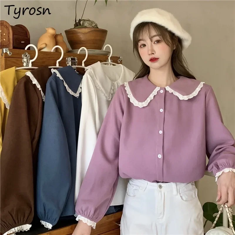 Рубашки женские дизайнерские кружевные лоскутные милые яркие цвета модные уличные блузки на пуговицах с длинными рукавами и воротником Питера Пэна для девочек 
Рубашки женские дизайнерские кружевные лоскутные милые яркие цвета модные уличные блузки на пуговицах с длинными рукавами и воротником Питера Пэна для девочек