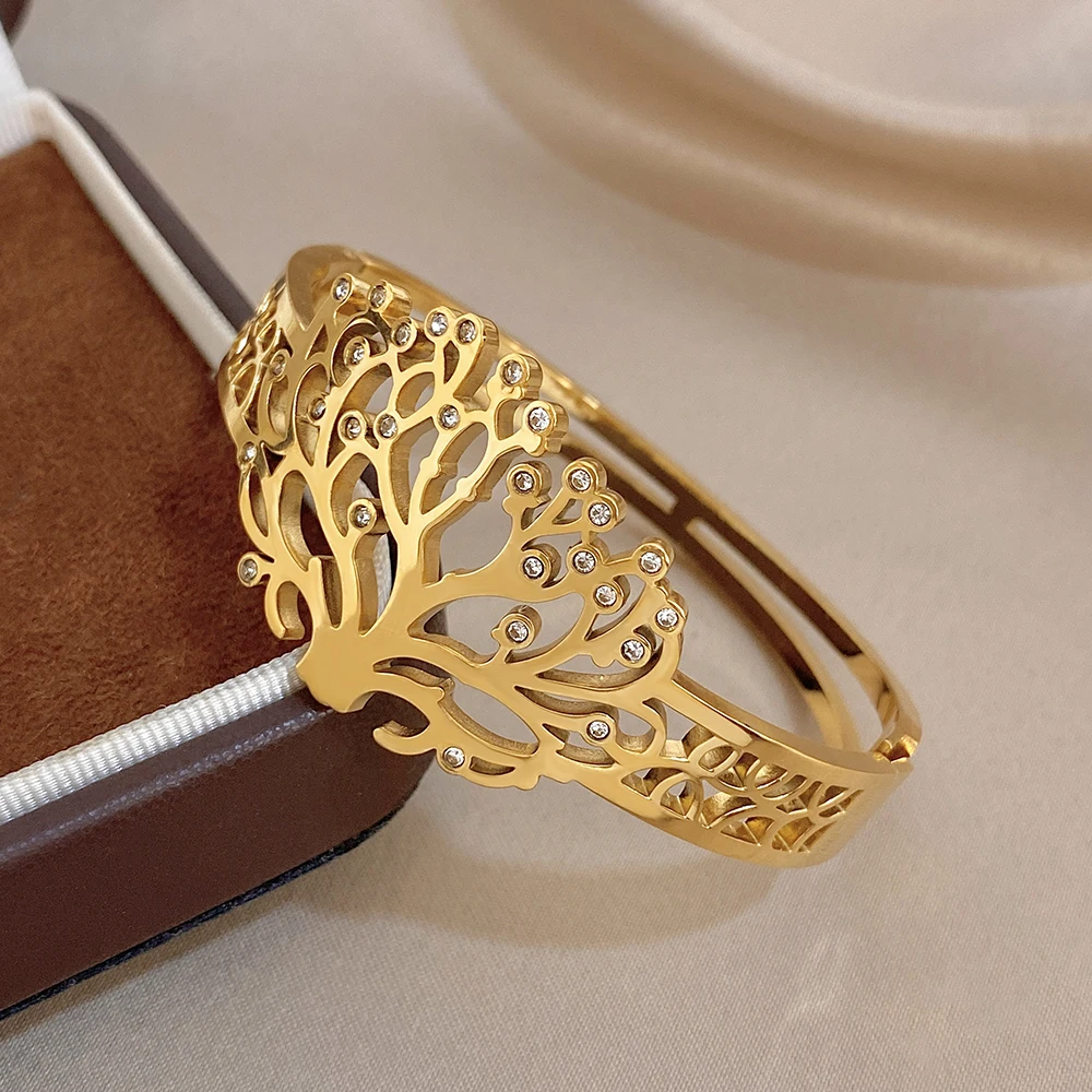 Freetry Elegant Hollow Tree of Life Stainless Steel Bangle for Women Golden Waterproof Spring Wide Bracelet Party Jewelry Gift
Freetry Elegant Hollow Tree of Life Stainless Steel Bangle for Women Golden Waterproof Spring Wide Bracelet Party Jewelry Gift