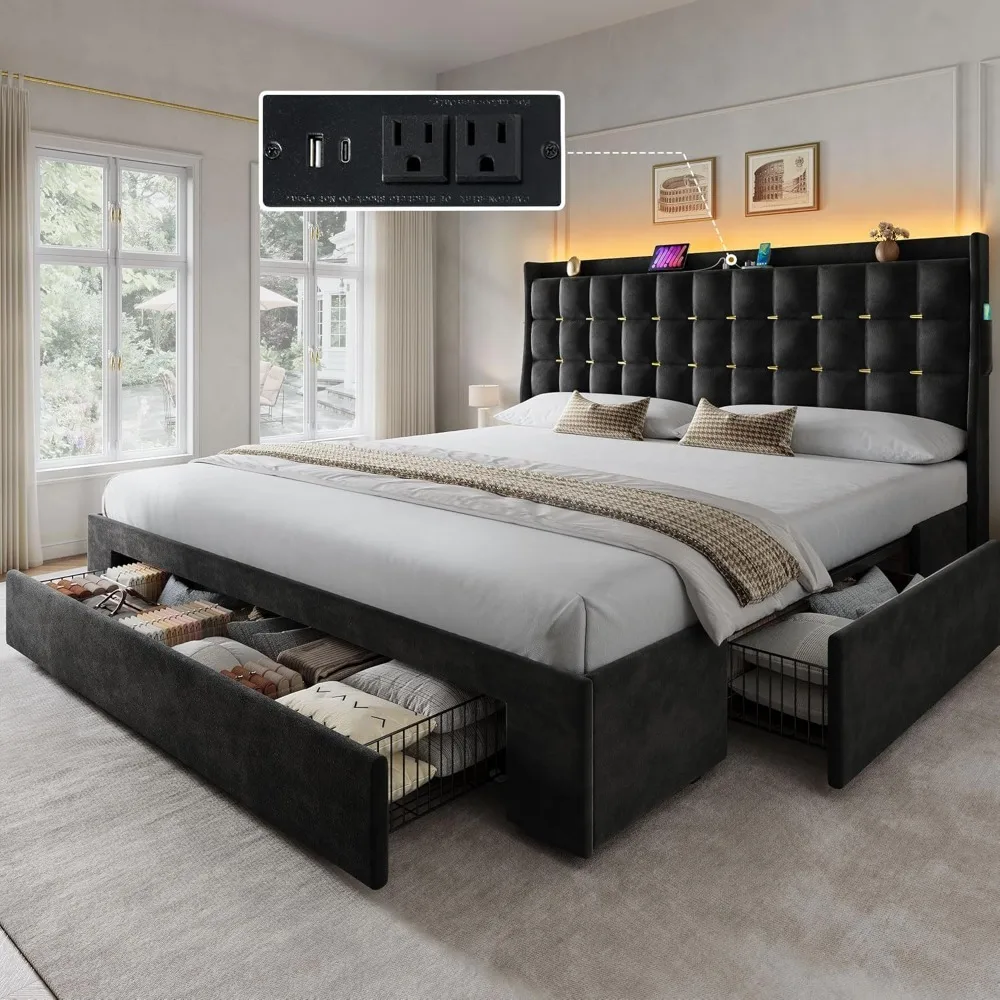 LED Queen Size Bed Frame with 3 Storage Drawers & Charging Station and Storage Headboard, No Box Spring Needed, Easy Assembly 
LED Queen Size Bed Frame with 3 Storage Drawers & Charging Station and Storage Headboard, No Box Spring Needed, Easy Assembly