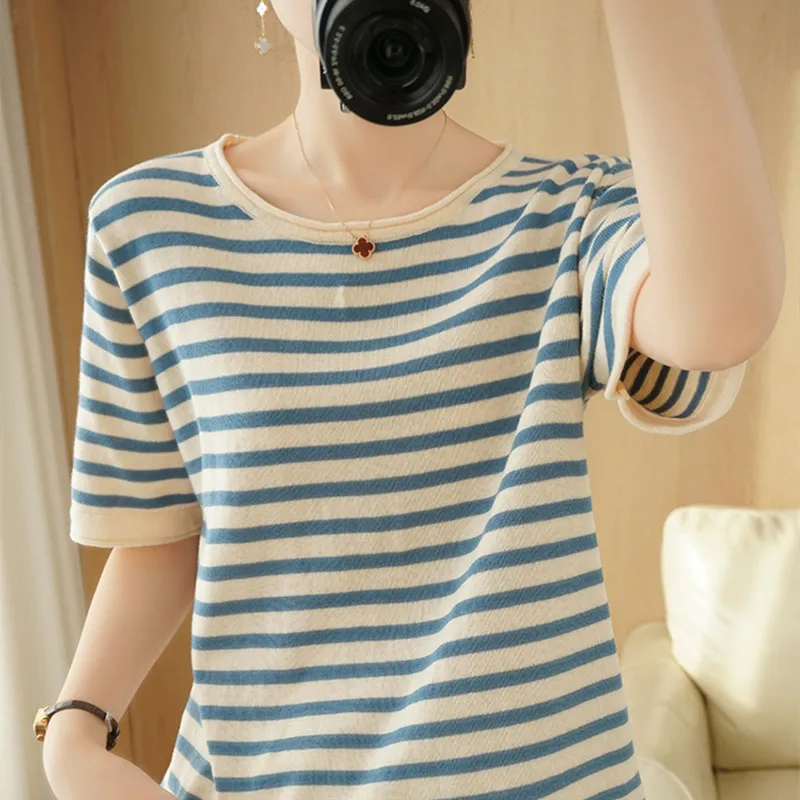 2026 Spring/Summer New Women's 100% Cotton Sweaters Round Neck Short Sleeve Striped T-Shirts Fashion Casual Outerwears Pullover
2026 Spring/Summer New Women's 100% Cotton Sweaters Round Neck Short Sleeve Striped T-Shirts Fashion Casual Outerwears Pullover