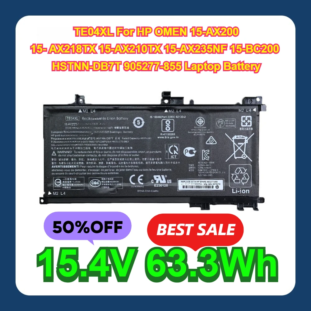 15.4V 63.3Wh TE04XL For HP OMEN 15-AX200 15- AX218TX 15-AX210TX 15-AX235NF 15-BC200 HSTNN-DB7T 905277-855 Laptop Battery
15.4V 63.3Wh TE04XL For HP OMEN 15-AX200 15- AX218TX 15-AX210TX 15-AX235NF 15-BC200 HSTNN-DB7T 905277-855 Laptop Battery