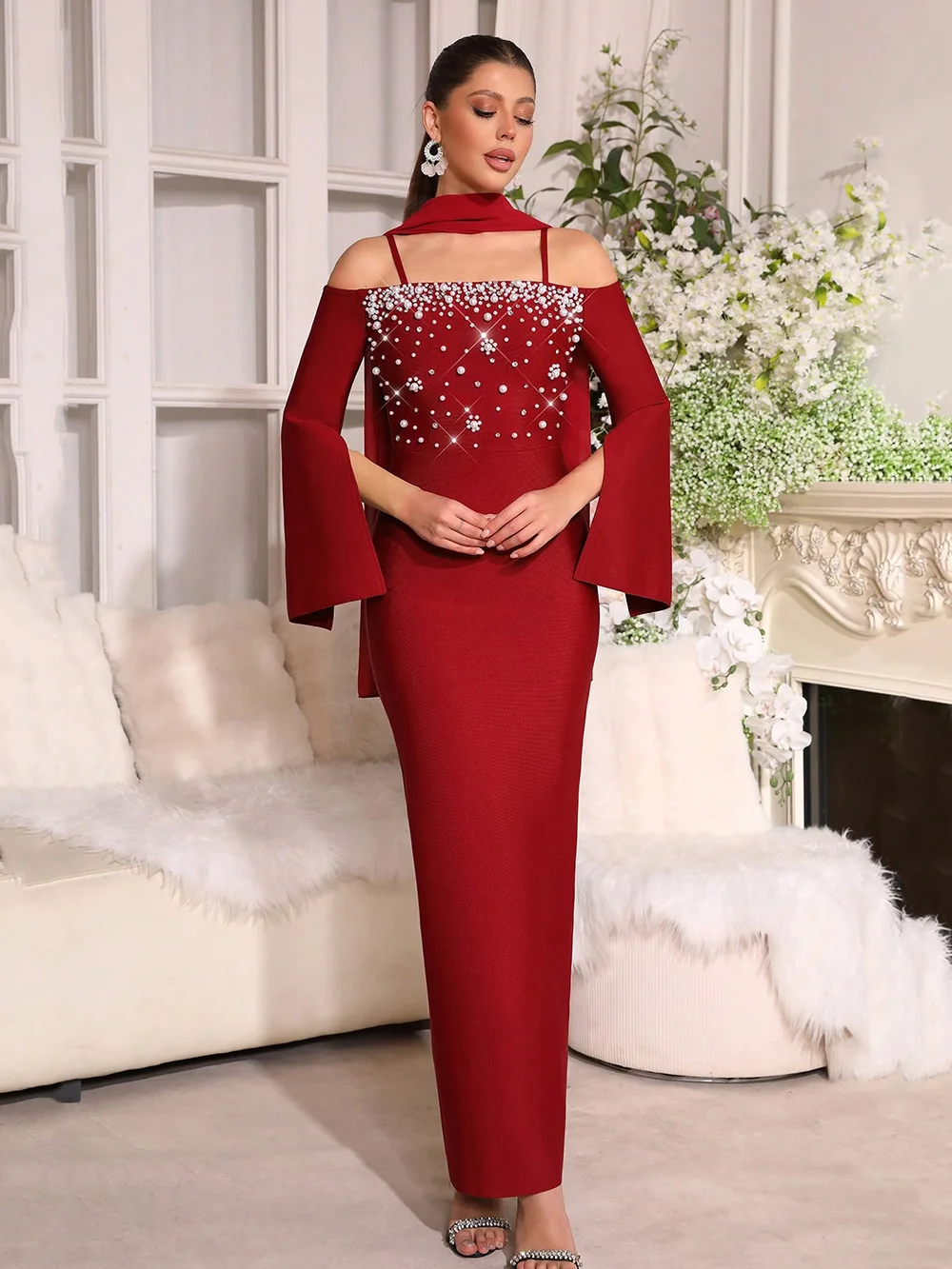 Luxury Pearl Beaded Red Maxi Dress Sexy Off Shoulder With Scarf Elegant Evening Prom Gown Sexy Club Party Birthday Outfits
Luxury Pearl Beaded Red Maxi Dress Sexy Off Shoulder With Scarf Elegant Evening Prom Gown Sexy Club Party Birthday Outfits