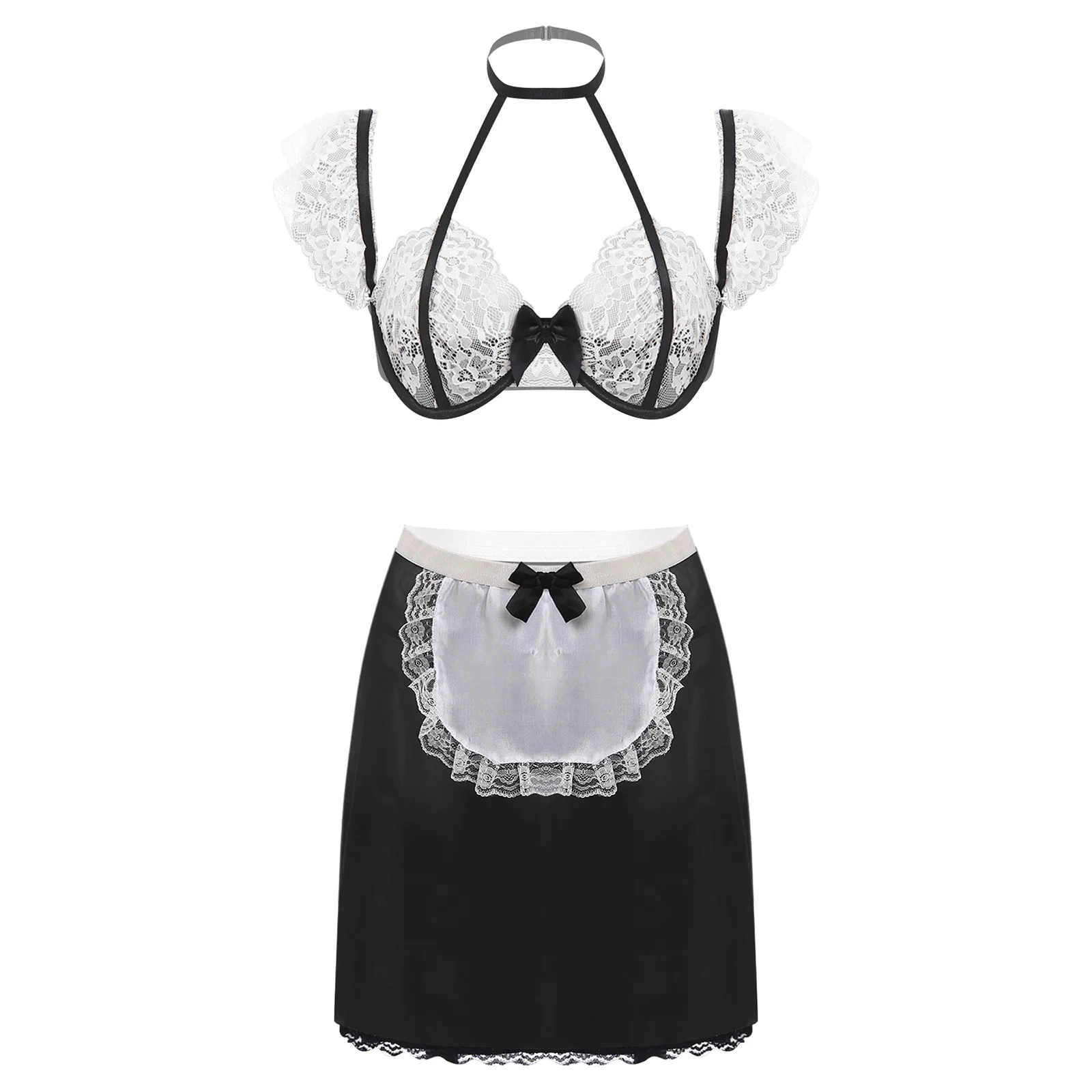 Women Sexy 3Pcs Lingerie Costume Set Halter Floral Lace Flutter Sleeve Bra Top with See-through Apron Skirt And G-string
Women Sexy 3Pcs Lingerie Costume Set Halter Floral Lace Flutter Sleeve Bra Top with See-through Apron Skirt And G-string