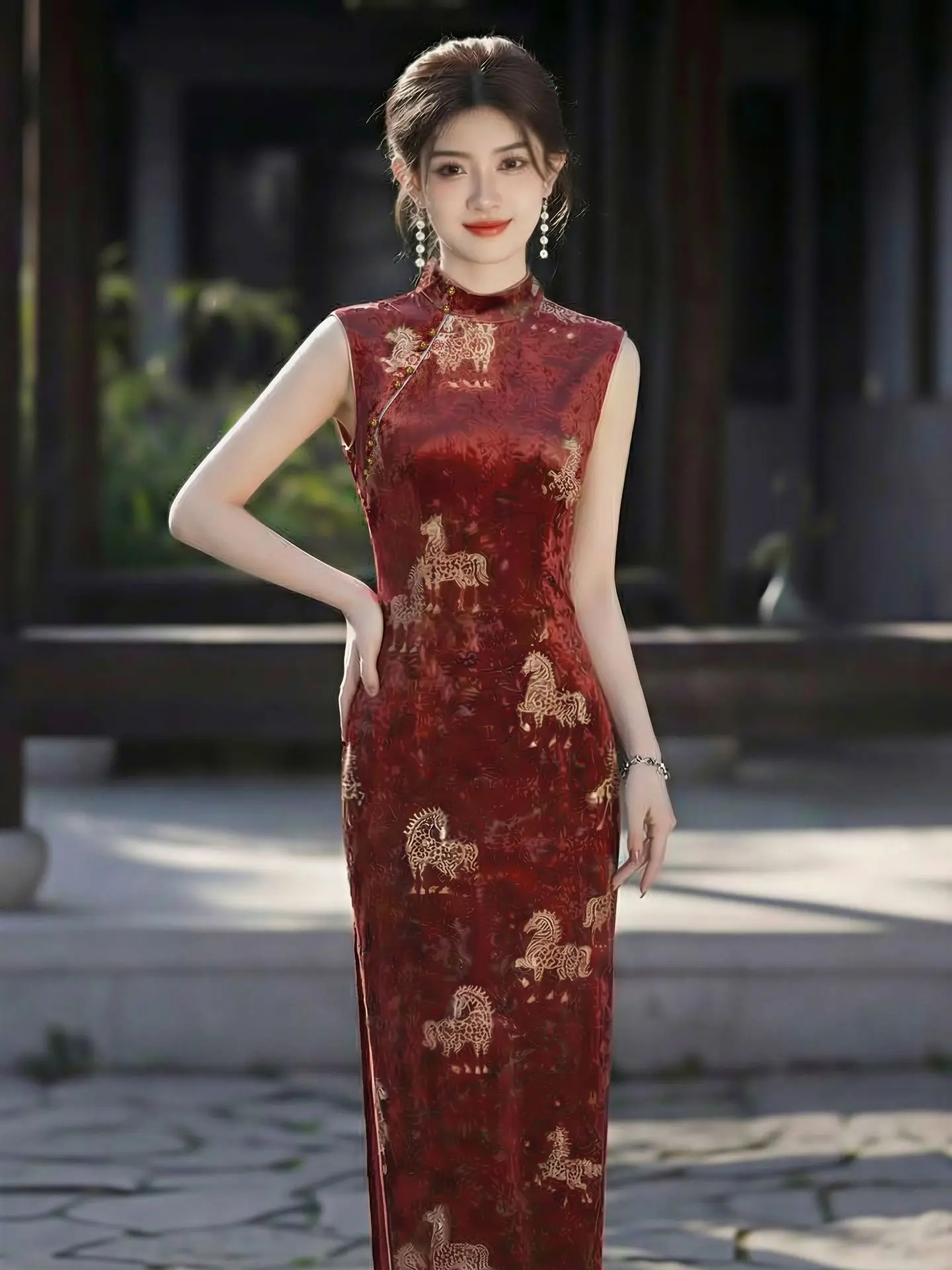 Chinese Style Cheongsam Women's Retro Sleeveless Daily Summer Burgundy Velour Qipao Dress
Chinese Style Cheongsam Women's Retro Sleeveless Daily Summer Burgundy Velour Qipao Dress