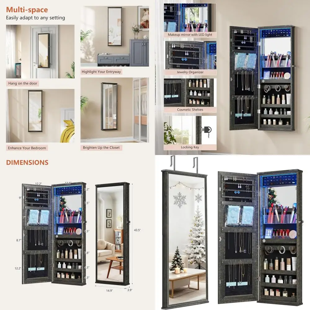 Wood Grain Brown Door-Mounted Jewelry Organizer with Mirror, Storage, Lock, Hanging Holders & Built-in Lights
Wood Grain Brown Door-Mounted Jewelry Organizer with Mirror, Storage, Lock, Hanging Holders & Built-in Lights