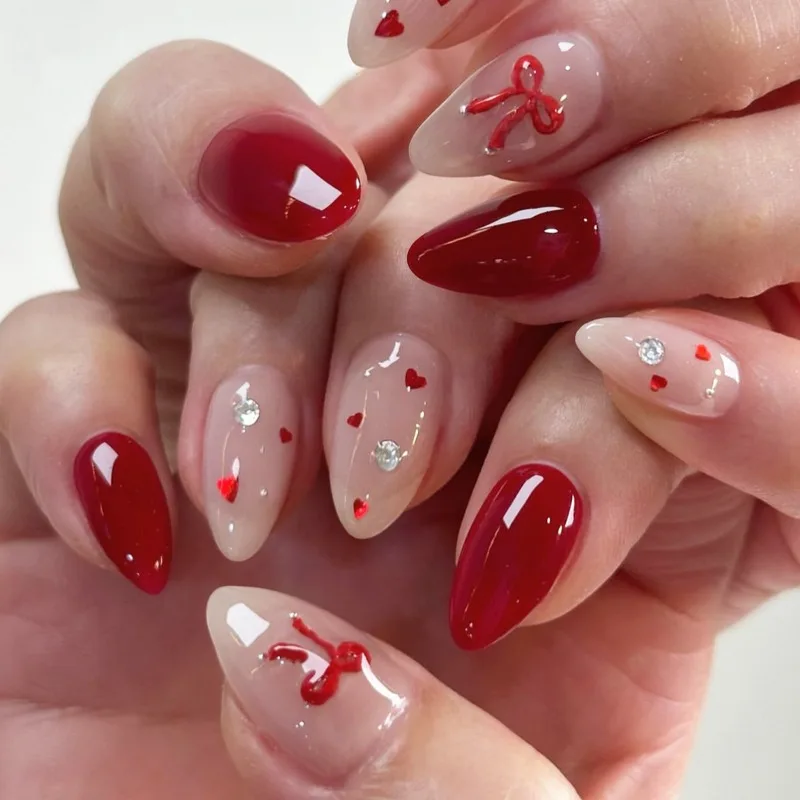 24PCS Almond False Nails French Burgundy Bow Cherry Press on Nails Handmade High End Feel Diamond Fake Nails Elegant Acrylic 네일팁
24PCS Almond False Nails French Burgundy Bow Cherry Press on Nails Handmade High End Feel Diamond Fake Nails Elegant Acrylic 네일팁
