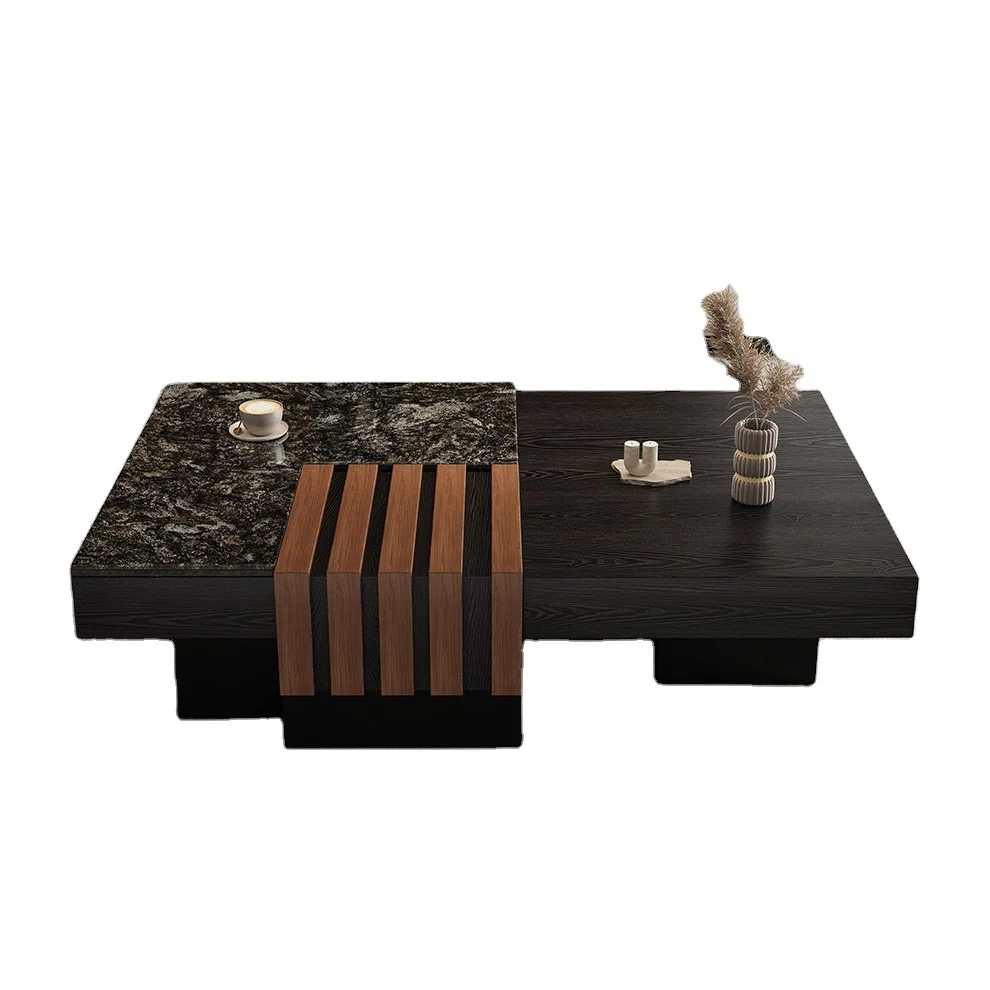 # Italian Minimalist Luxury Coffee Table: Wood + Sintered Stone , Pull-Out Storage (Black-Wood Contrast Living Room Use)
# Italian Minimalist Luxury Coffee Table: Wood + Sintered Stone , Pull-Out Storage (Black-Wood Contrast Living Room Use)