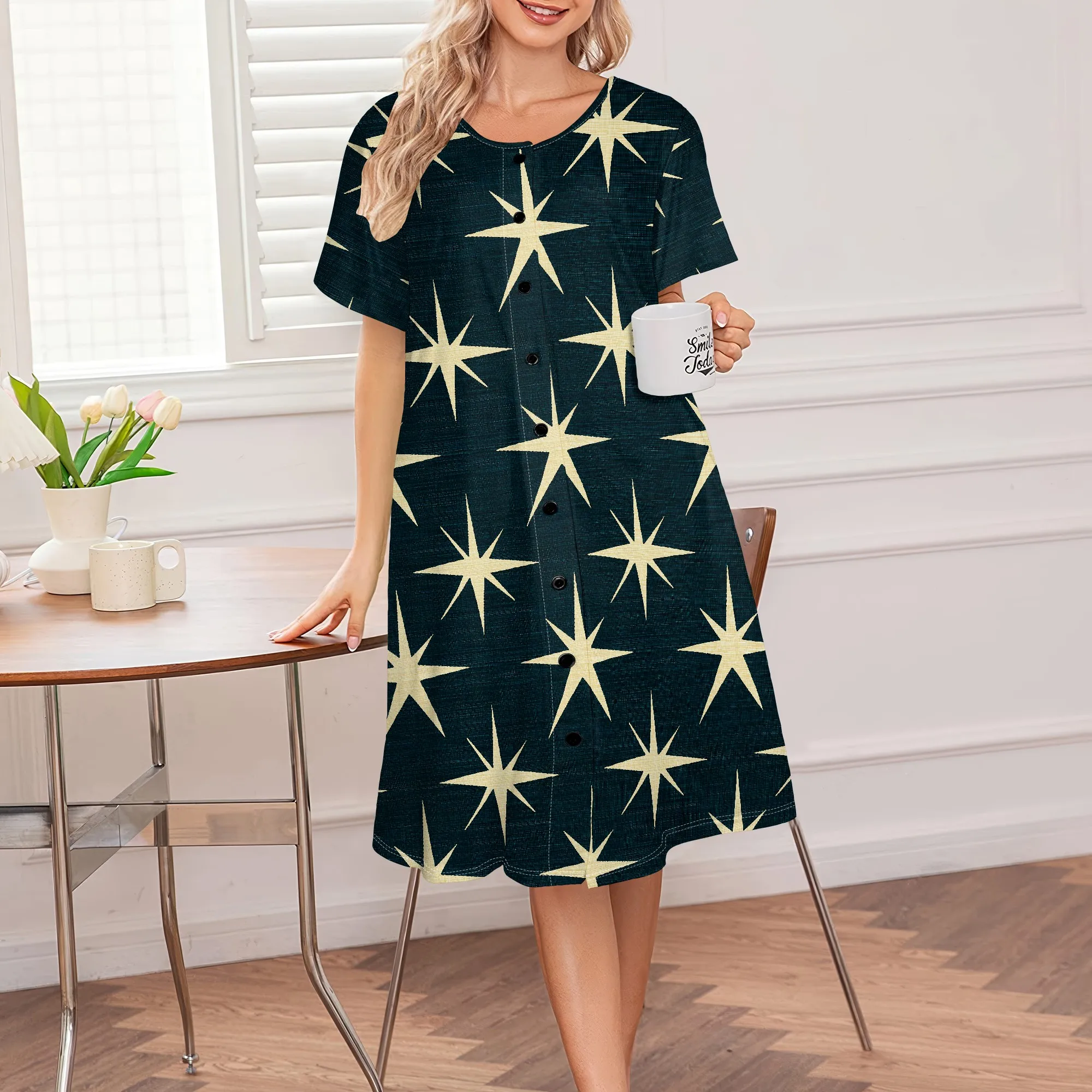 Plus Size Button Down House Dress, Star Pattern, Short Sleeve, S-3XL Loungewear Daily
Plus Size Button Down House Dress, Star Pattern, Short Sleeve, S-3XL Loungewear Daily