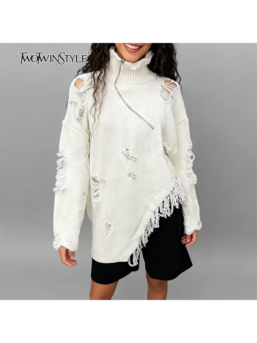 TWOTWINSTYL Solid Hollow Out Spliced Tassels Irregular Sweaters for Women High Neck Long Sleeves Patchwork Metal Sweater Female
TWOTWINSTYL Solid Hollow Out Spliced Tassels Irregular Sweaters for Women High Neck Long Sleeves Patchwork Metal Sweater Female