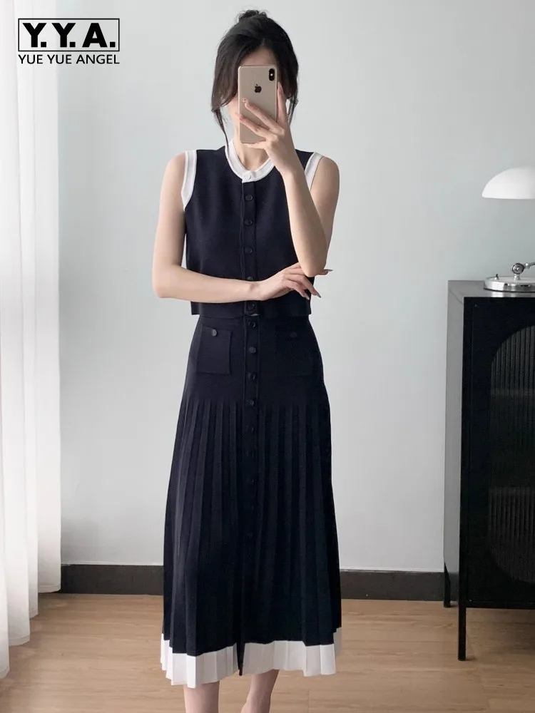 Elegant Women New Style Contrast Color Knit Cardigan Sets O-Neck Sleeveless Vest Outfits Ankle Length Pleated Skirt Matching Set
Elegant Women New Style Contrast Color Knit Cardigan Sets O-Neck Sleeveless Vest Outfits Ankle Length Pleated Skirt Matching Set