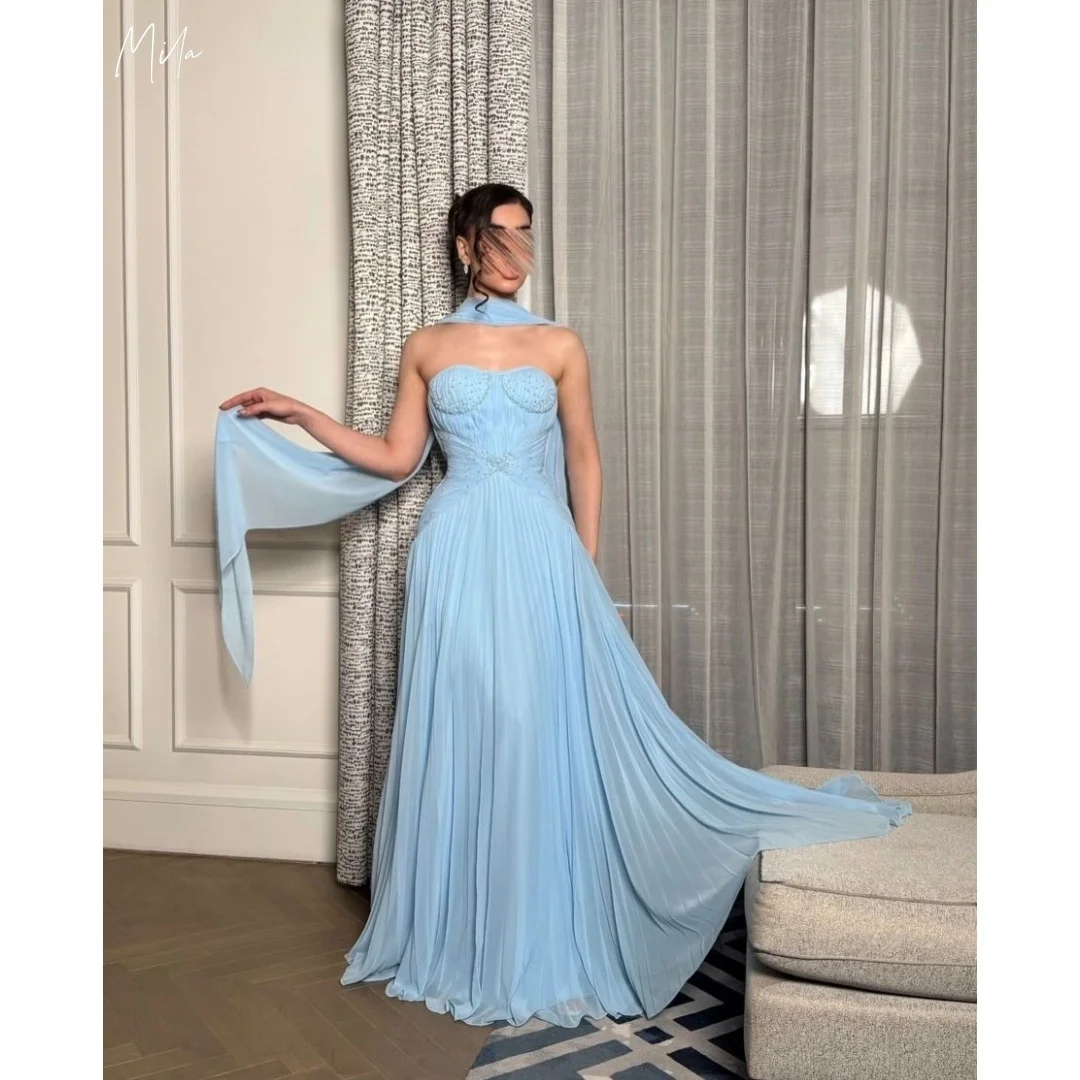 Mila Light Blue Strapless Prom Dresses Beaded Bodice Pleated Chiffon Shawl Customized Formal Evening Train vestidos de gala
Mila Light Blue Strapless Prom Dresses Beaded Bodice Pleated Chiffon Shawl Customized Formal Evening Train vestidos de gala