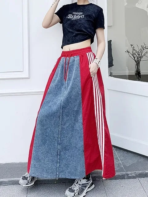 Retro Patchwork Denim Skirt High Waist A-Line Skirt White Stripes Splicing Street Sle Polyester Fiber Summer Collection
Retro Patchwork Denim Skirt High Waist A-Line Skirt White Stripes Splicing Street Sle Polyester Fiber Summer Collection