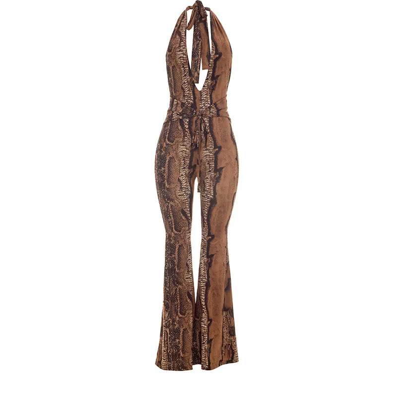 European and American style women's spicy girl print sexy hanging neck deep V neck backless tight fitting micro flared jumpsuit
European and American style women's spicy girl print sexy hanging neck deep V neck backless tight fitting micro flared jumpsuit