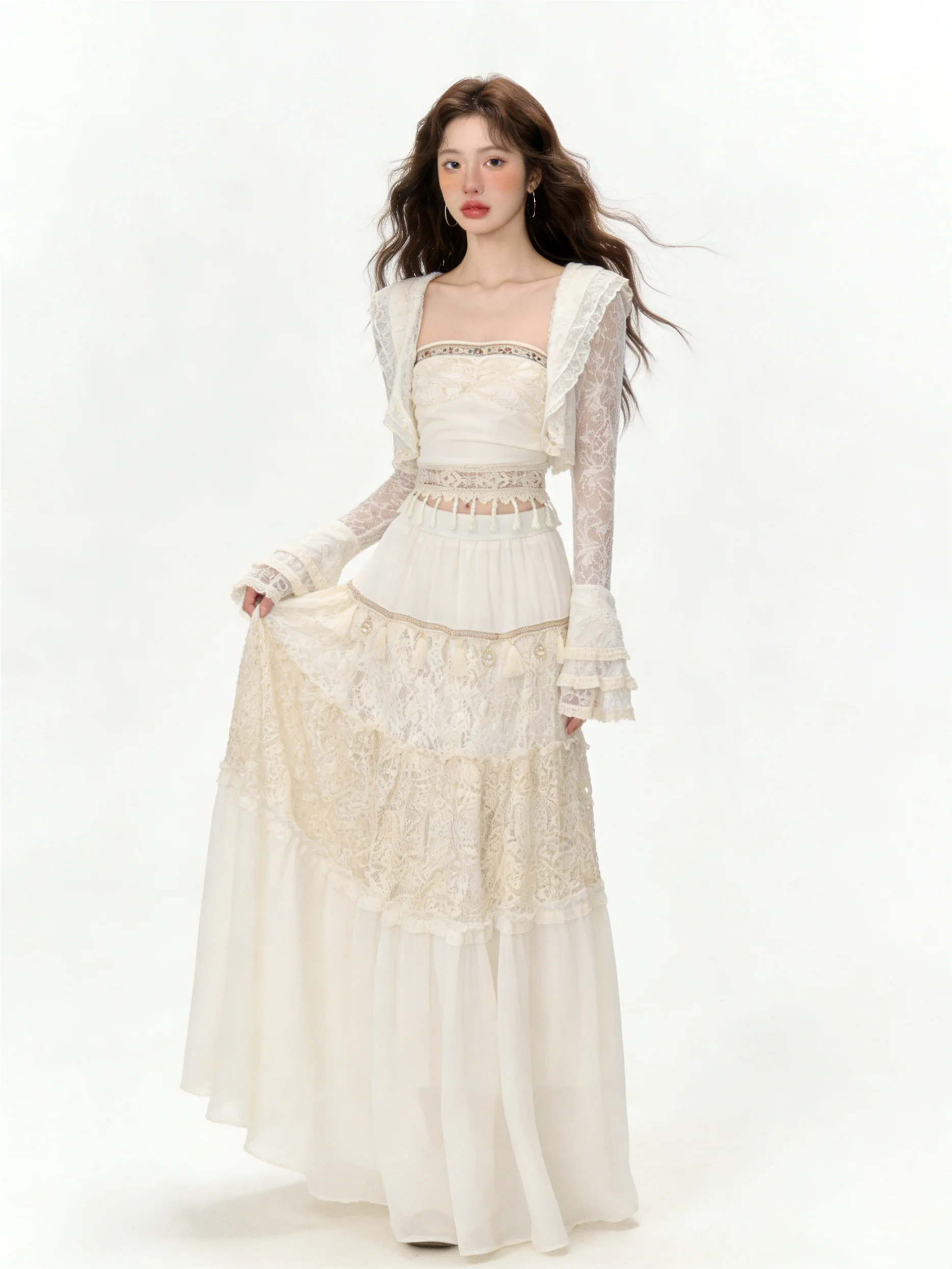 Summer Bohemian Holiday Lace Sun Protection Open Cardigan Half Skirt Set Women's Ethnic Style Fashion Three-piece Suit
Summer Bohemian Holiday Lace Sun Protection Open Cardigan Half Skirt Set Women's Ethnic Style Fashion Three-piece Suit