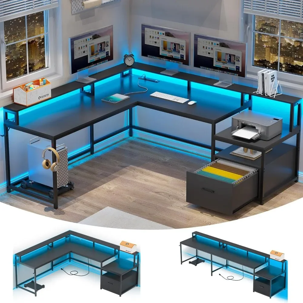 L Shaped Gaming Desk, 66" Home Office Desk with File Drawer & Power Outlet, Corner Gaming Computer Desk with Led Lights
L Shaped Gaming Desk, 66" Home Office Desk with File Drawer & Power Outlet, Corner Gaming Computer Desk with Led Lights