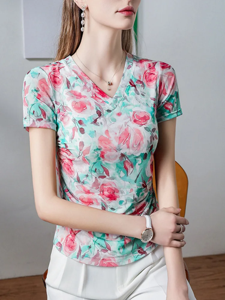 Printed V-Neck Mesh T-Shirt For Women, Short Sleeves With Pleats To Cover The Skin Make You Look Slimmer. 2025 Summer New
Printed V-Neck Mesh T-Shirt For Women, Short Sleeves With Pleats To Cover The Skin Make You Look Slimmer. 2025 Summer New