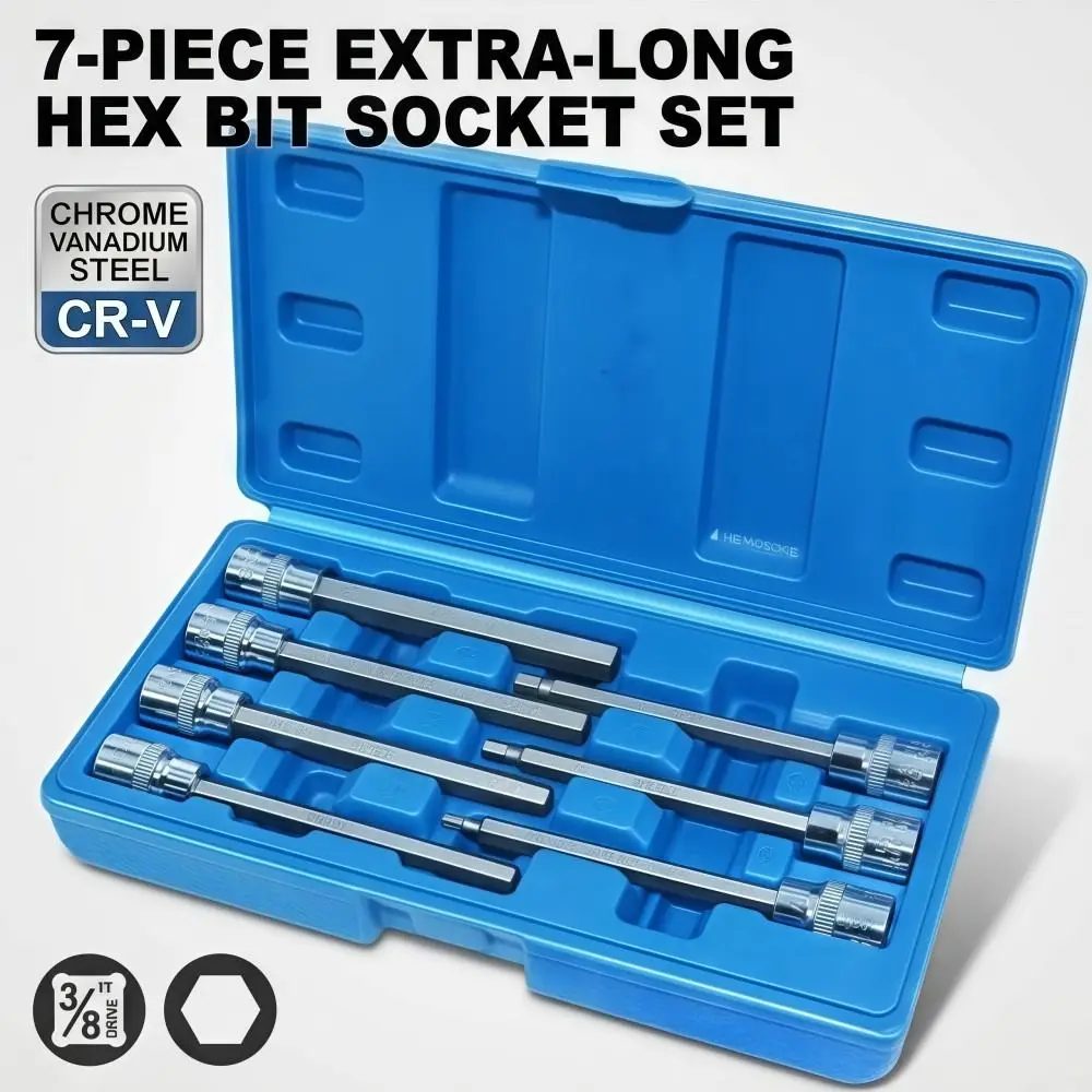 Extra Long Hex Bit Socket Set 7Pcs H3-H10 CR-V & S2 Steel 3/8" Drive 110mm Length Hand Tool Kit
Extra Long Hex Bit Socket Set 7Pcs H3-H10 CR-V & S2 Steel 3/8" Drive 110mm Length Hand Tool Kit