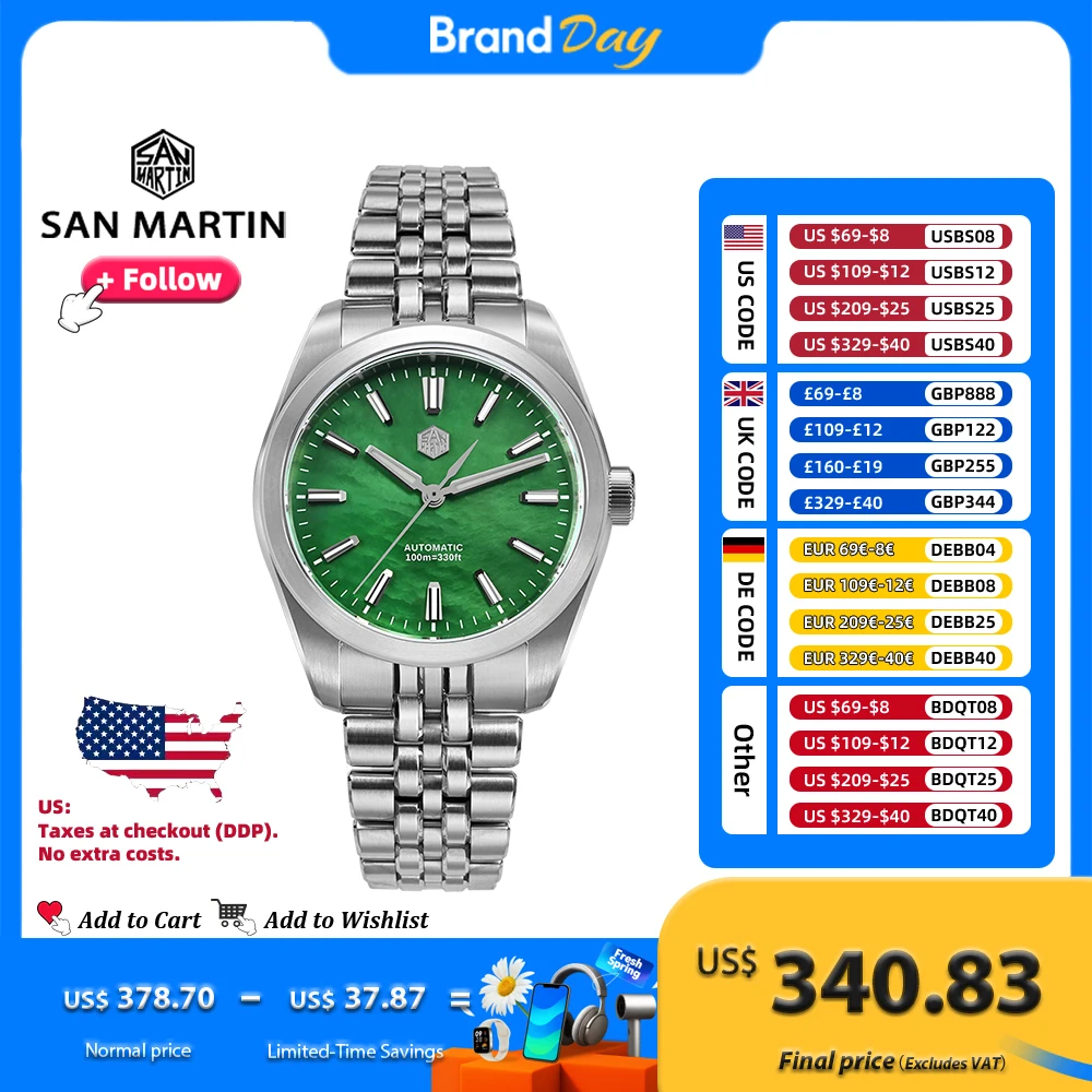 San Martin 39 мм Роскошные мужские часы Miyota 90S5 MOP Dial Gada Автоматические механические часы Водонепроницаемые 10 бар светящиеся SN0144
San Martin 39 мм Роскошные мужские часы Miyota 90S5 MOP Dial Gada Автоматические механические часы Водонепроницаемые 10 бар светящиеся SN0144