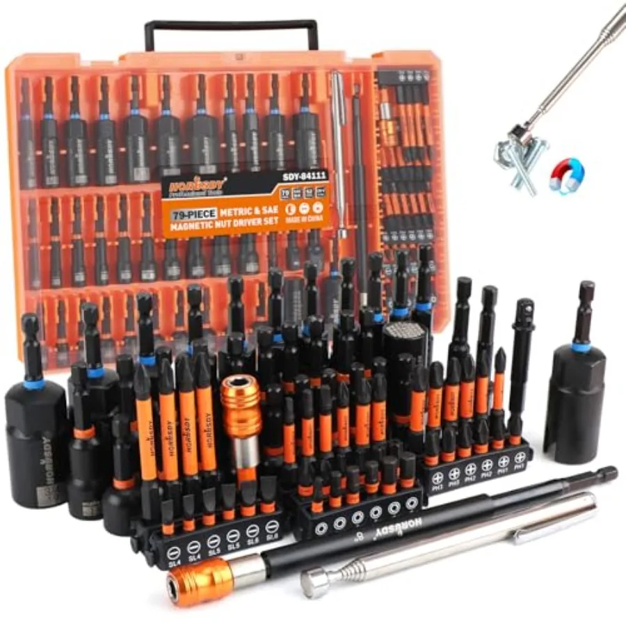 Upgraded 79-Piece Magnetic Impact Nut Driver Set Metric and SAE with 3LB Magnetic Pickup Tool Socket Adapters Wing Nut Driver U
Upgraded 79-Piece Magnetic Impact Nut Driver Set Metric and SAE with 3LB Magnetic Pickup Tool Socket Adapters Wing Nut Driver U