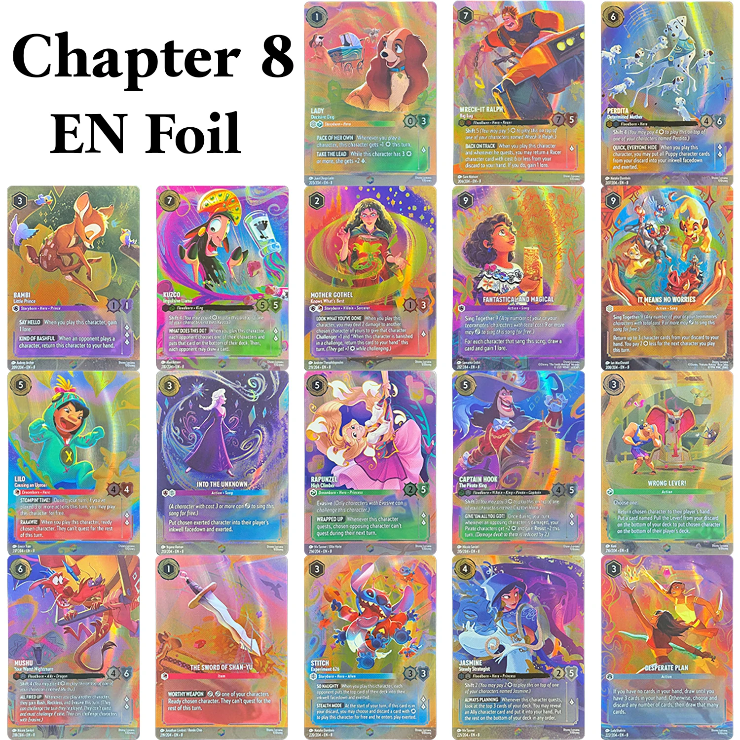 Chapter 8 English Enchanted Foil Lorcana Proxy Cards Repunzel/Into the unknown/Lilo/Stitch/Mushu/Trading Game Cards Board Game
Chapter 8 English Enchanted Foil Lorcana Proxy Cards Repunzel/Into the unknown/Lilo/Stitch/Mushu/Trading Game Cards Board Game