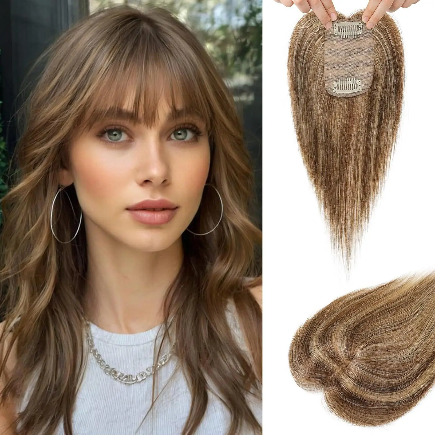 Hair Topper for women with bangs covering their white hair and a thin invisible replacement piece for their hair
Hair Topper for women with bangs covering their white hair and a thin invisible replacement piece for their hair