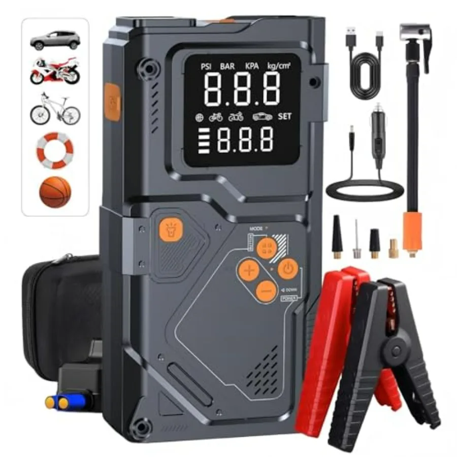 Portable 12V 1000A Jump Starter with Air Pump and Compressor LCD Display LED Emergency Light Power Bank Jumper Cables for 8.5L
Portable 12V 1000A Jump Starter with Air Pump and Compressor LCD Display LED Emergency Light Power Bank Jumper Cables for 8.5L