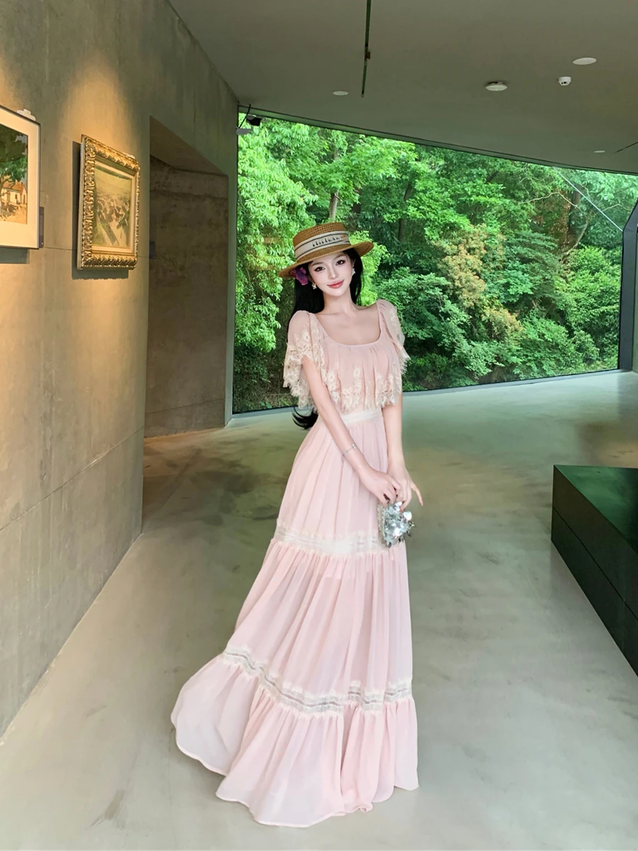 Kumikumi Elegant Lace Splicing Pink Square Collar Short Sleeve Women's Dress Summer Waist Cinching Hollow A-Line Long Dress
Kumikumi Elegant Lace Splicing Pink Square Collar Short Sleeve Women's Dress Summer Waist Cinching Hollow A-Line Long Dress