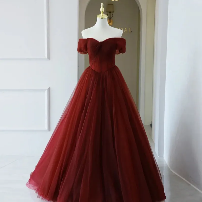 Evening Dress Burgundy Boat Neck Simple Floor-Length Elegant Short Sleeves A-Line Pleat Tulle New Party Formal Gown Woman B1958
Evening Dress Burgundy Boat Neck Simple Floor-Length Elegant Short Sleeves A-Line Pleat Tulle New Party Formal Gown Woman B1958
