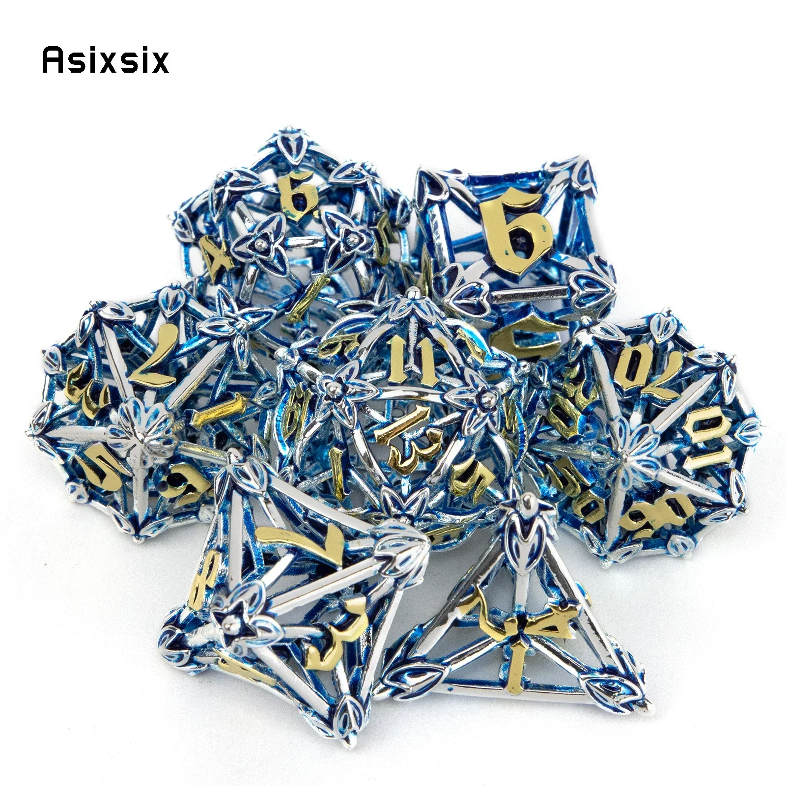 7 Pcs Silver Blue Leaf Flower Metal Dice Hollow Metal Polyhedral Dice Set Suitable for Role-Playing RPG Board Game Gift
7 Pcs Silver Blue Leaf Flower Metal Dice Hollow Metal Polyhedral Dice Set Suitable for Role-Playing RPG Board Game Gift