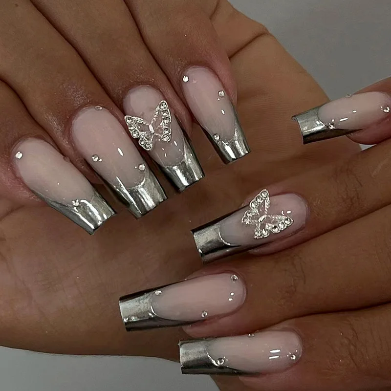 24Pcs Sweet Cool Coffin Press on Nails with Metal 3D Butterfly Diamond Fake Nails Y2k French Detachable Acrylic False Nails Tip
24Pcs Sweet Cool Coffin Press on Nails with Metal 3D Butterfly Diamond Fake Nails Y2k French Detachable Acrylic False Nails Tip