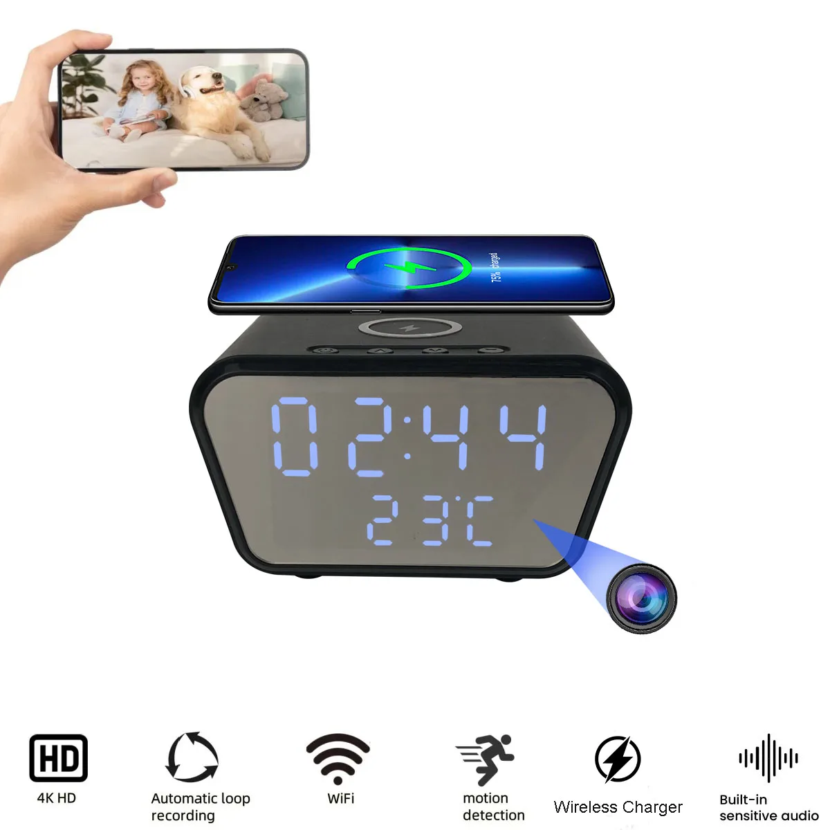Alarm Clock Camera | WiFi, Wireless Charger, Baby Monitor, 4K Camera, Motion Detection, Recording, Remote Viewing, Home Security
Alarm Clock Camera | WiFi, Wireless Charger, Baby Monitor, 4K Camera, Motion Detection, Recording, Remote Viewing, Home Security