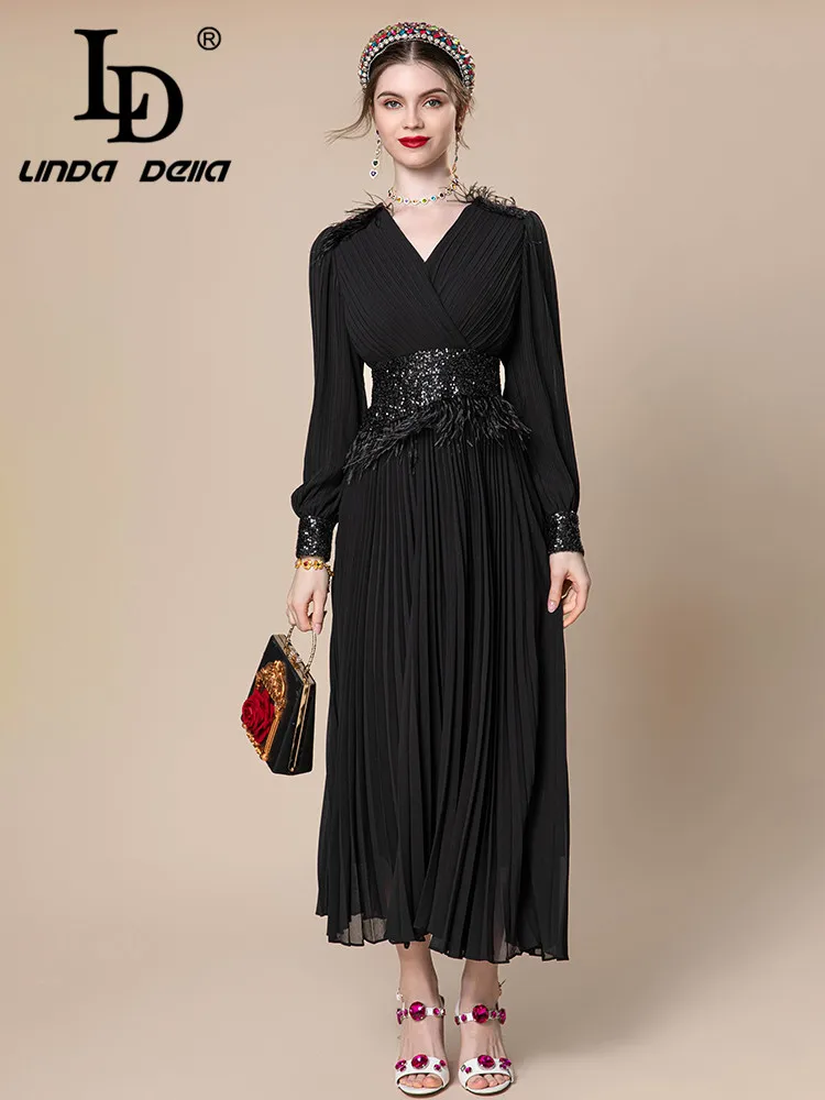 LD LINDA DELLA Autumn winter New Designer Dress Women's Black Splice long sleeve Slim Fit Sequins Feather Chiffon Pleated Dress
LD LINDA DELLA Autumn winter New Designer Dress Women's Black Splice long sleeve Slim Fit Sequins Feather Chiffon Pleated Dress
