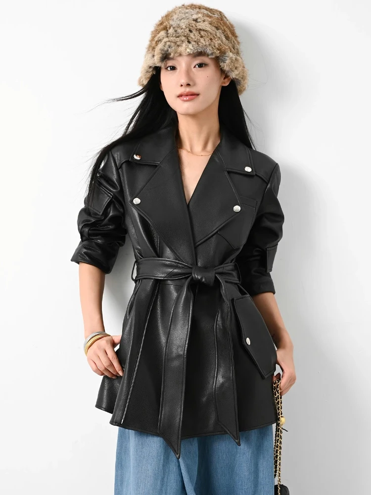Mid-length Genuine Leather Motorcycle Jackets Women Spring Autumn 2025 New High-end Simple Soft Black Belted Real Sheepskin Coat
Mid-length Genuine Leather Motorcycle Jackets Women Spring Autumn 2025 New High-end Simple Soft Black Belted Real Sheepskin Coat