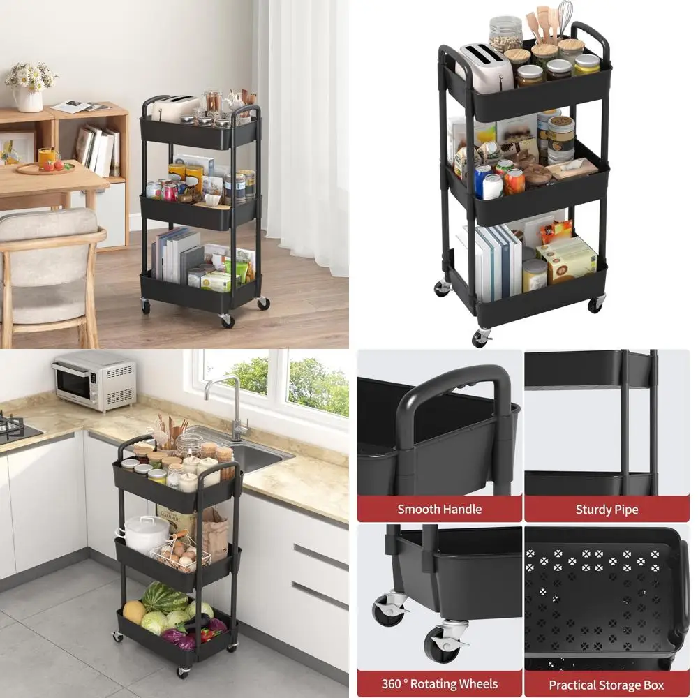 Трехъярусная передвижная тележка с ручкой, универсальная тележка для хранения для дома и офиса, мобильный органайзер на колесах, черный
Трехъярусная передвижная тележка с ручкой, универсальная тележка для хранения для дома и офиса, мобильный органайзер на колесах, черный