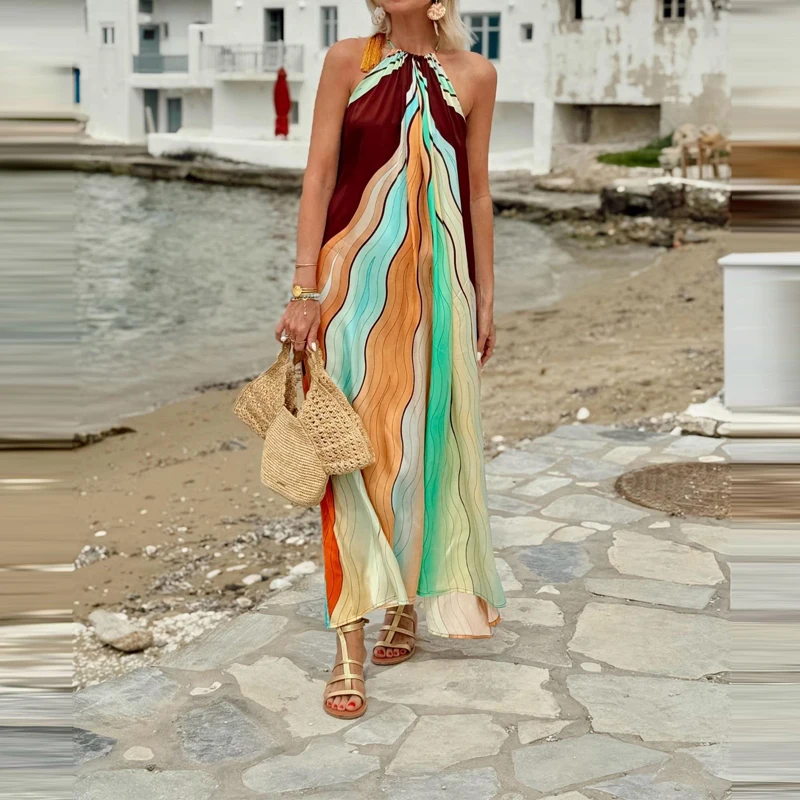 Vintage Contrast Color Sleeveless Halter Dress Summer Off Shoulder Pleat Party Maxi Dress Elegant Backless Women's Evening Dress
Vintage Contrast Color Sleeveless Halter Dress Summer Off Shoulder Pleat Party Maxi Dress Elegant Backless Women's Evening Dress