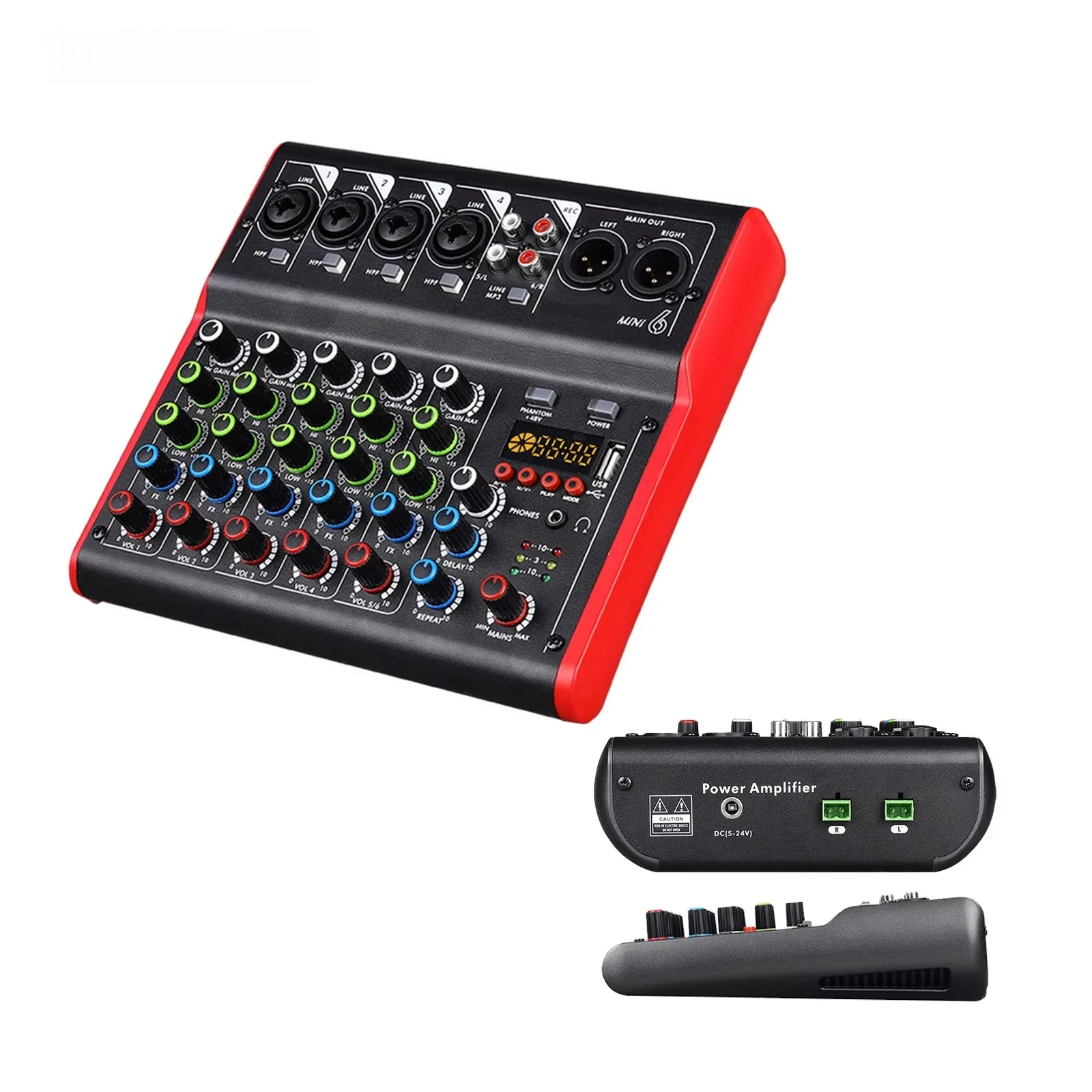 MINI4/MINI6 4/6CH USB MP3 Amplifired Mini Audio Mixer Power 50W*2CH/1 Stereo Input /1AUX/3-band EQ/Recording
MINI4/MINI6 4/6CH USB MP3 Amplifired Mini Audio Mixer Power 50W*2CH/1 Stereo Input /1AUX/3-band EQ/Recording