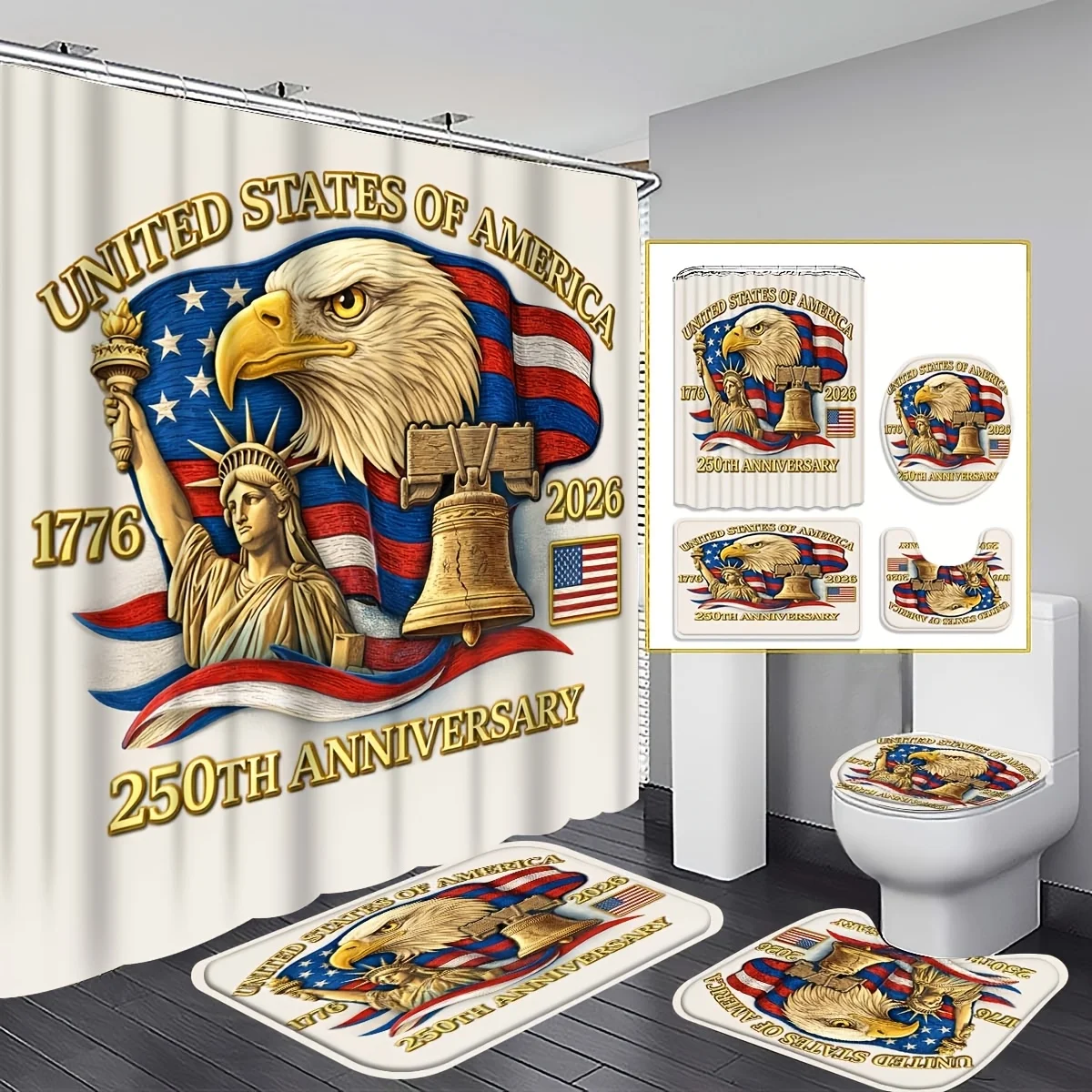 Bathroom Set 4pcs American 250th Anniversary Light Color Shower Curtain Set Liberty Independence Clock Bathroom Decor Rug U Shape Mat Toilet Seat Cover Polyester Shower Curtain with Hooks Home Bathroom Holiday Decoration Reusable Washable Set
Bathroom Set 4pcs American 250th Anniversary Light Color Shower Curtain Set Liberty Independence Clock Bathroom Decor Rug U Shape Mat Toilet Seat Cover Polyester Shower Curtain with Hooks Home Bathroom Holiday Decoration Reusable Washable Set