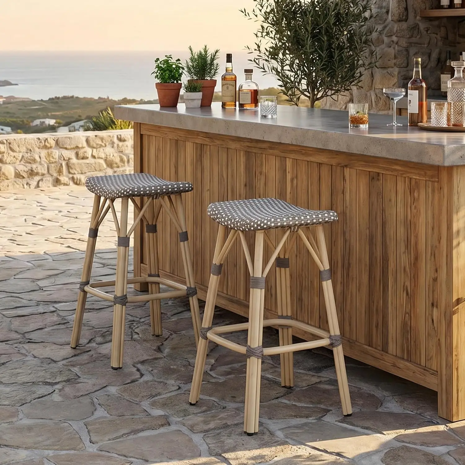 30" Backless Rattan Bar Stools 2pc All Weather Aluminum Saddle Seat Patio Kitchen Island Grey, Customized
30" Backless Rattan Bar Stools 2pc All Weather Aluminum Saddle Seat Patio Kitchen Island Grey, Customized