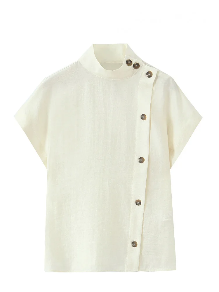 HH летний женский модный топ с короткими рукавами и украшением на груди, женский свободный уличный однотонный топ с воротником до половины высоты Mujer 
HH летний женский модный топ с короткими рукавами и украшением на груди, женский свободный уличный однотонный топ с воротником до половины высоты Mujer