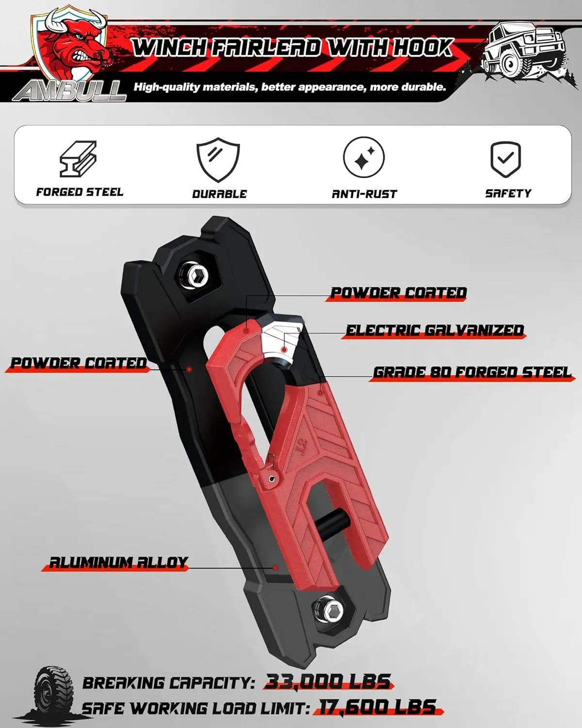 Winch Fairlead with Tow Hook, Aluminum Hawse Fairlead with Grade 80 Forged Steel Winch Hook, 33000lb Break Strength Winch
Winch Fairlead with Tow Hook, Aluminum Hawse Fairlead with Grade 80 Forged Steel Winch Hook, 33000lb Break Strength Winch