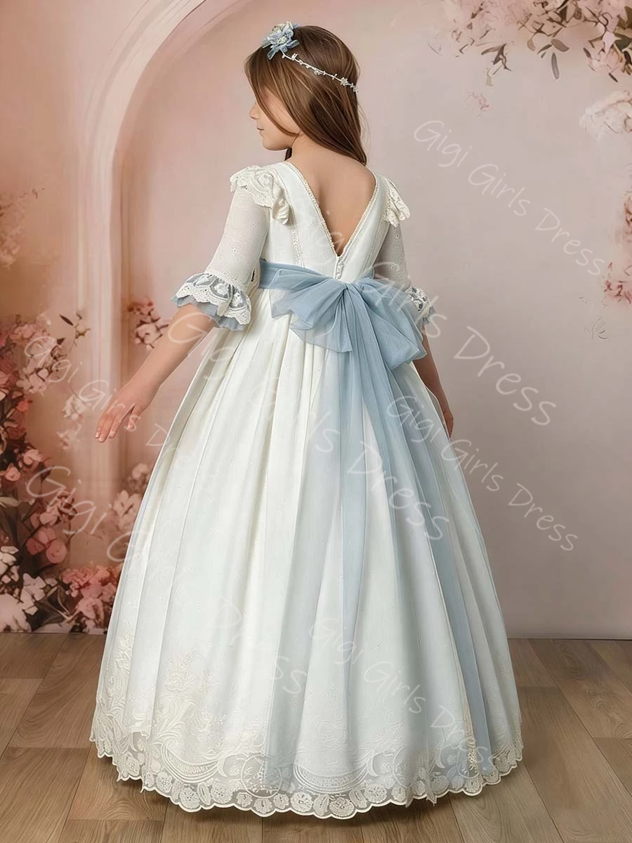 Elegant Girls First Communion Dress Ruffled Lace Flower Girl Dress with Tulle Ribbon Kids Half Sleeves Wedding Party Gown Custom
Elegant Girls First Communion Dress Ruffled Lace Flower Girl Dress with Tulle Ribbon Kids Half Sleeves Wedding Party Gown Custom