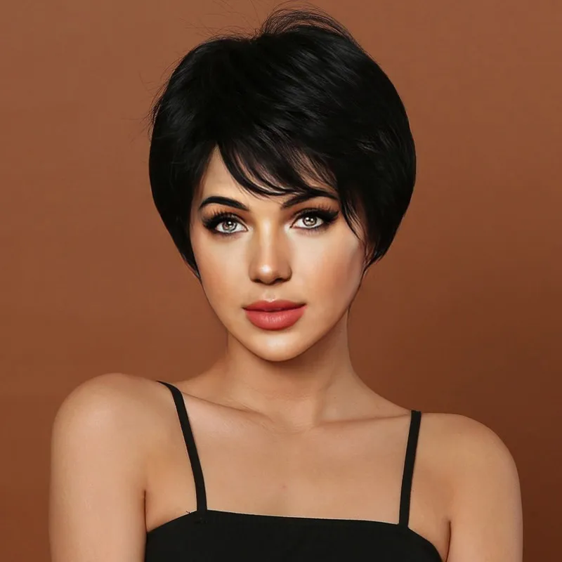 Fashion short straight hair synthetic wig with side-parted slanted bangs, synthetic fiber, high-temperature hairpiece
Fashion short straight hair synthetic wig with side-parted slanted bangs, synthetic fiber, high-temperature hairpiece