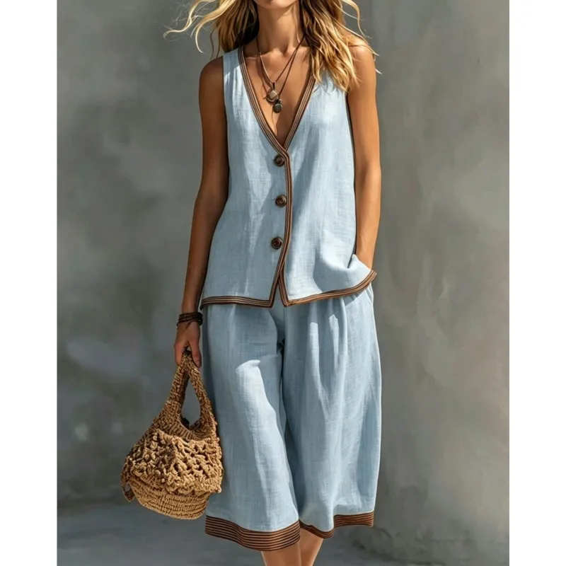 2026 New Summer Five Quarter Pants Set Button Casual Loose Daily Commuting Fashion Comfortable Sleeveless Five Quarter Pants Set
2026 New Summer Five Quarter Pants Set Button Casual Loose Daily Commuting Fashion Comfortable Sleeveless Five Quarter Pants Set