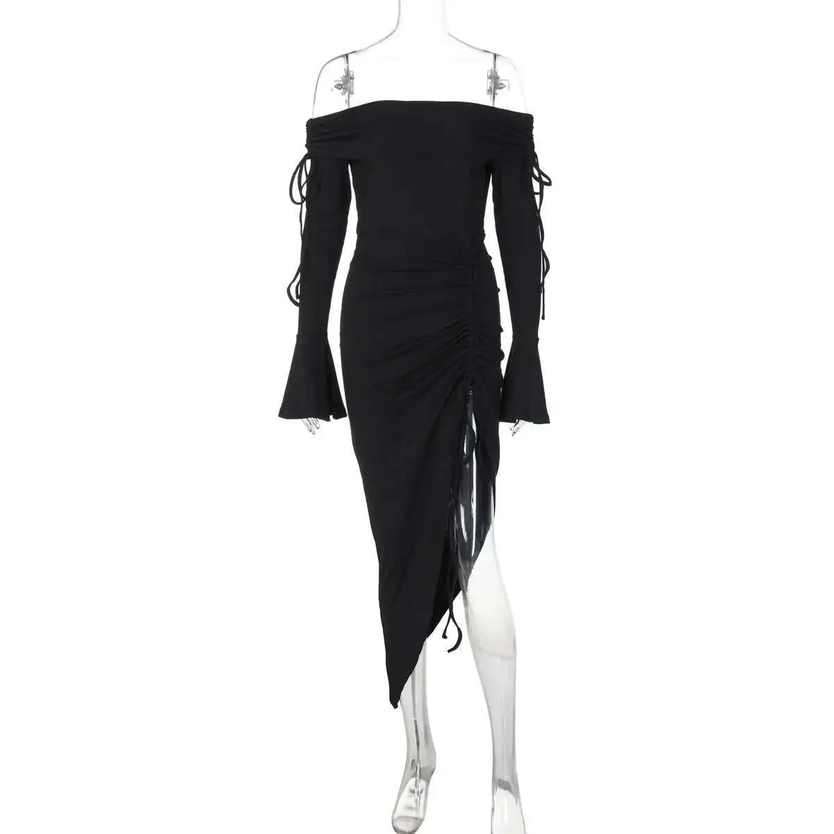 Hot Ins Style Selling New Sexy Strapless One Shoulder Flared Sleeve Patchwork Drawstring Sexy Slit Dress Vestido Women Party
Hot Ins Style Selling New Sexy Strapless One Shoulder Flared Sleeve Patchwork Drawstring Sexy Slit Dress Vestido Women Party