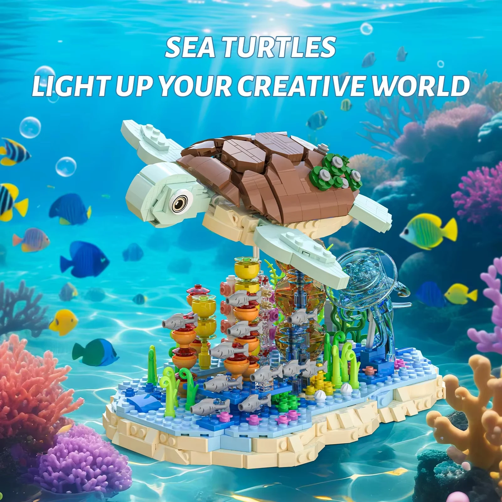Ecological Simulation: Turtle Building Block Model+Coral Reef Display Stand, Marine Life Collection Ornament, Desktop Decoration
Ecological Simulation: Turtle Building Block Model+Coral Reef Display Stand, Marine Life Collection Ornament, Desktop Decoration