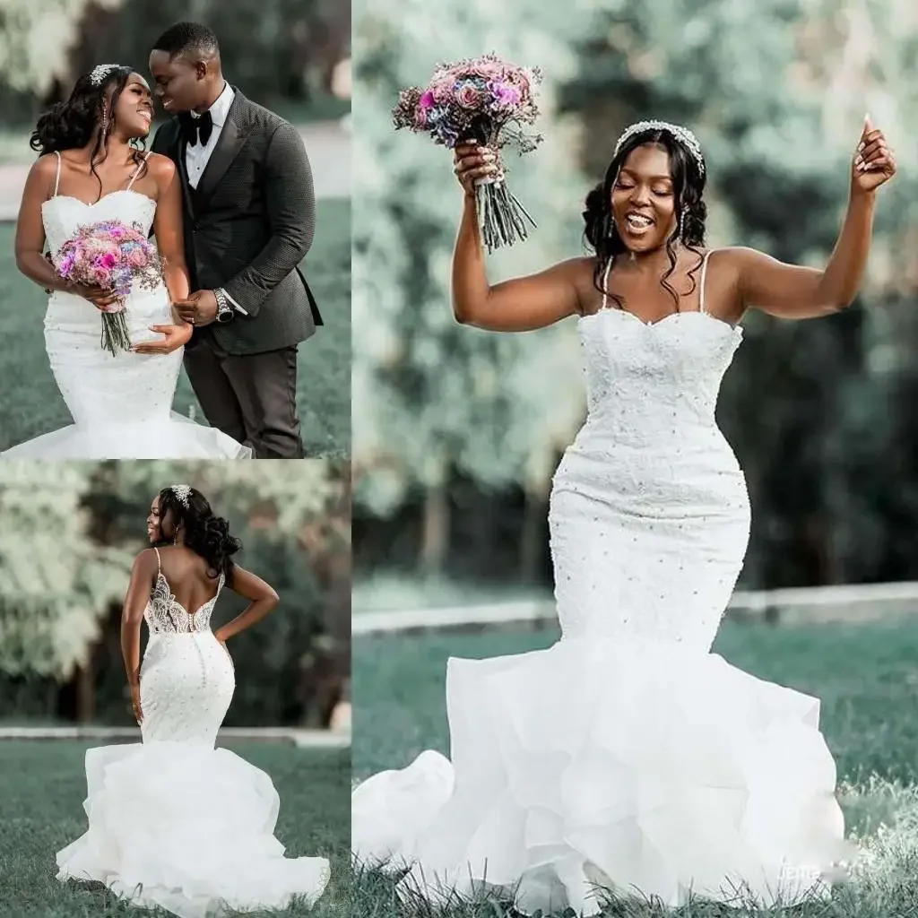 Customized Spaghetti Straps Mermaid Wedding Dresses African Lace Appliques Beaded Bridal Gowns Ruffles Vestidos De Novia Plus Si
Customized Spaghetti Straps Mermaid Wedding Dresses African Lace Appliques Beaded Bridal Gowns Ruffles Vestidos De Novia Plus Si