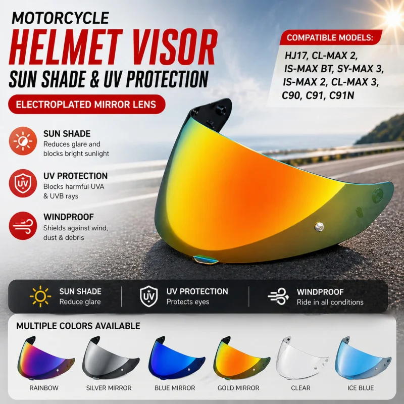 Universal Helmet Visor for HJ17/C90/C91, Electroplated Lens, Day & Night Use, UV Protection Sunshade, Anti-Glare Windproof Shiel
Universal Helmet Visor for HJ17/C90/C91, Electroplated Lens, Day & Night Use, UV Protection Sunshade, Anti-Glare Windproof Shiel