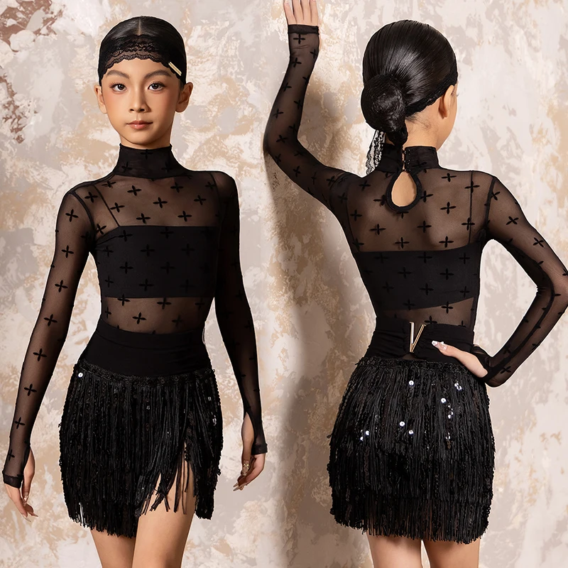New Latin Dance Costume Girls Performance Clothes Mesh Tops Sequin Skirt Black Competition Outfits Cha Cha Rumba Dresses BL18230
New Latin Dance Costume Girls Performance Clothes Mesh Tops Sequin Skirt Black Competition Outfits Cha Cha Rumba Dresses BL18230