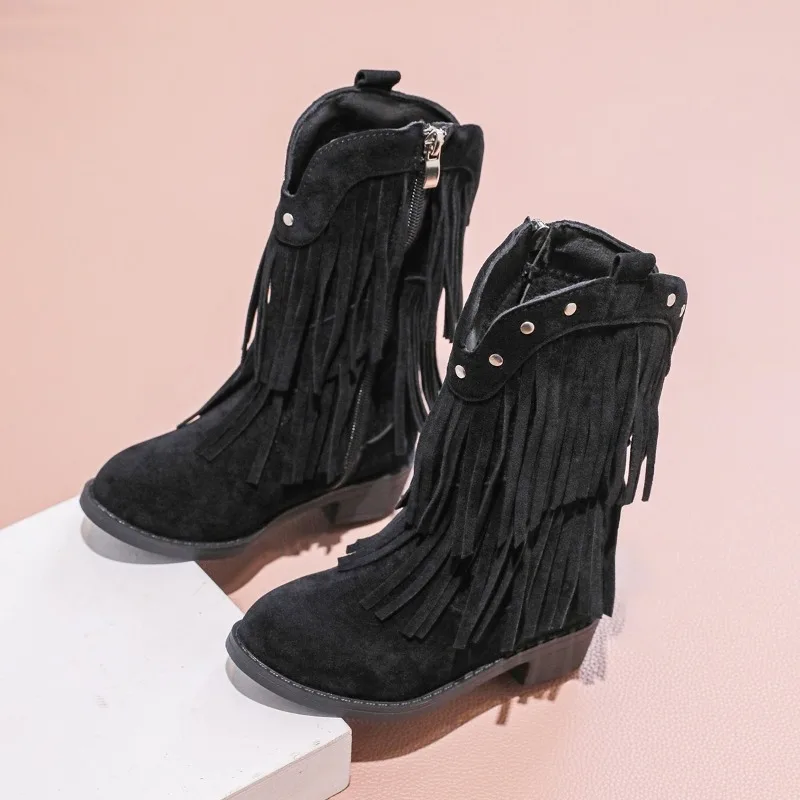 Children's Fashion Black Fringe Cowboy Boots - Suede Mid - Calf Boot with Studs and Side Zip for Girls Winter Shoe for Girl Kids
Children's Fashion Black Fringe Cowboy Boots - Suede Mid - Calf Boot with Studs and Side Zip for Girls Winter Shoe for Girl Kids